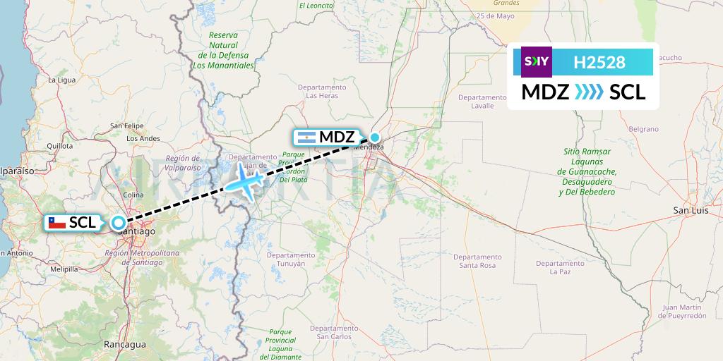 H2528 Sky Airline Flight Map: Mendoza to Santiago