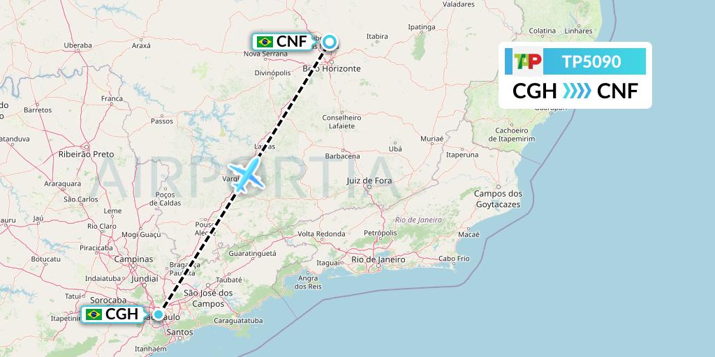 TP5090 TAP Portugal Flight Map: Sao Paulo to Belo Horizonte