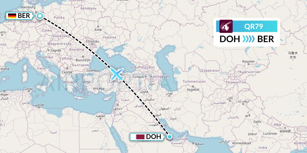 QR79 Qatar Airways Flight Map: Doha to Berlin