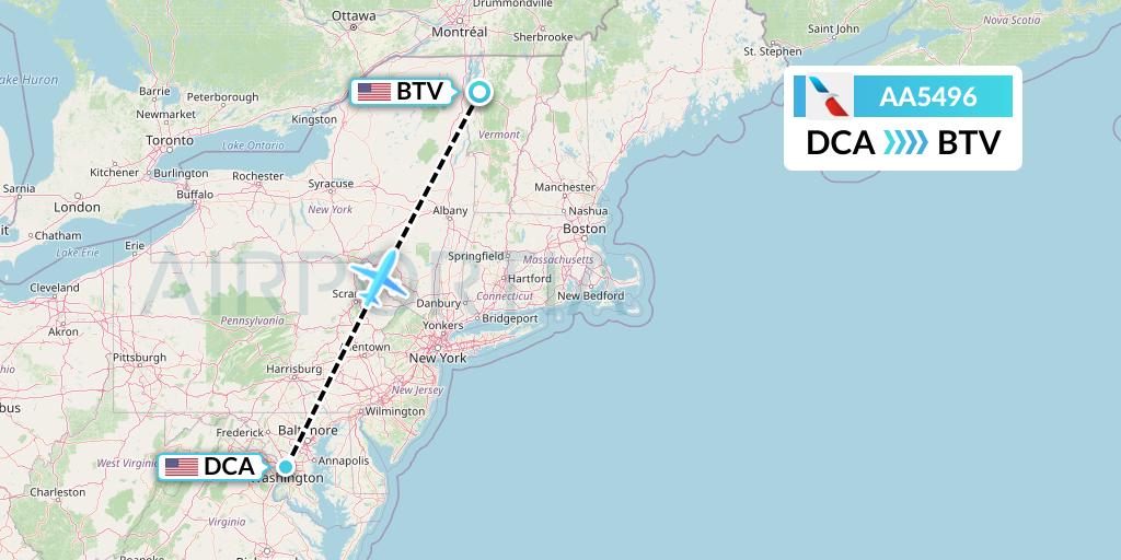 AA5496 American Airlines Flight Map: Washington to Burlington