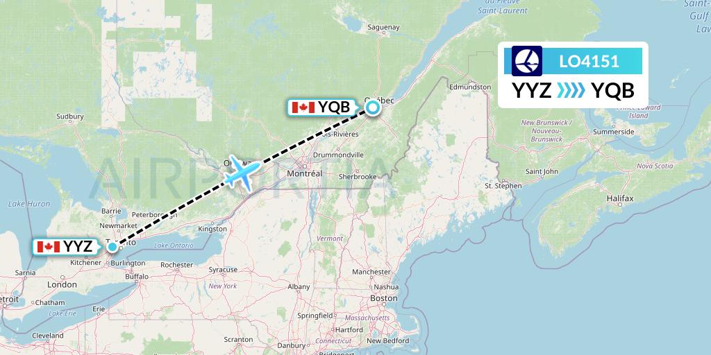 LO4151 LOT Flight Map: Toronto to Quebec