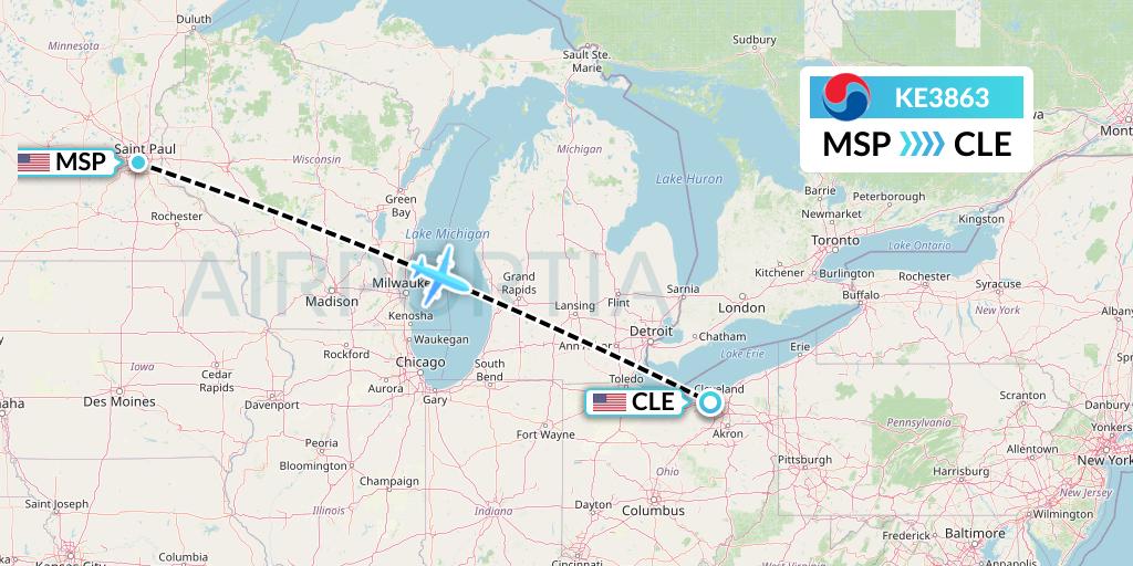 KE3863 Korean Air Flight Map: Minneapolis to Cleveland