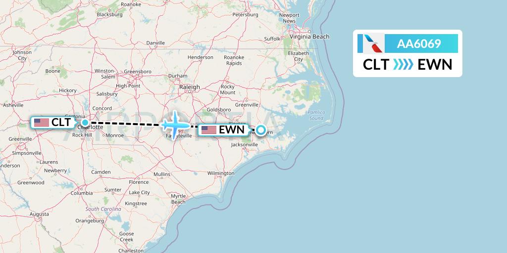 AA6069 American Airlines Flight Map: Charlotte to New Bern