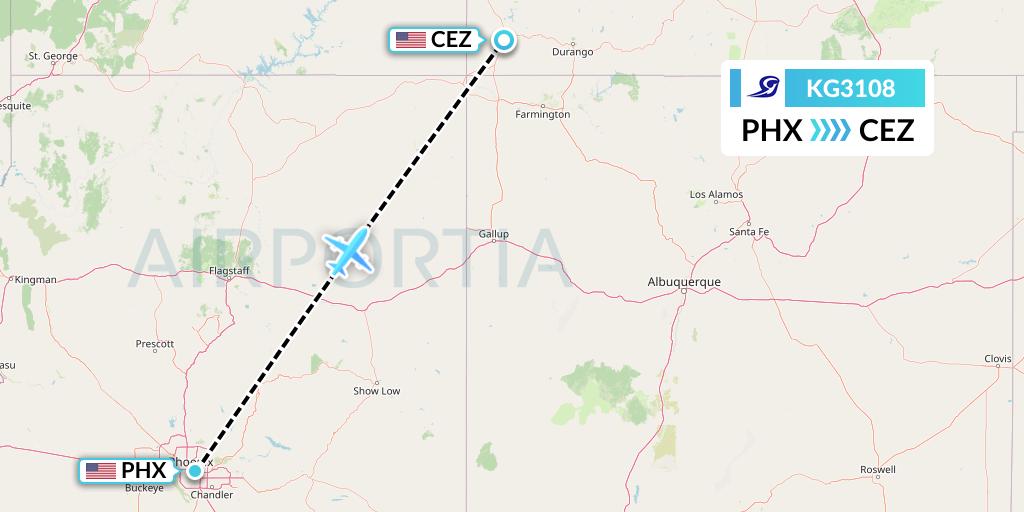 KG3108 Key Lime Air Flight Map: Phoenix to Cortez