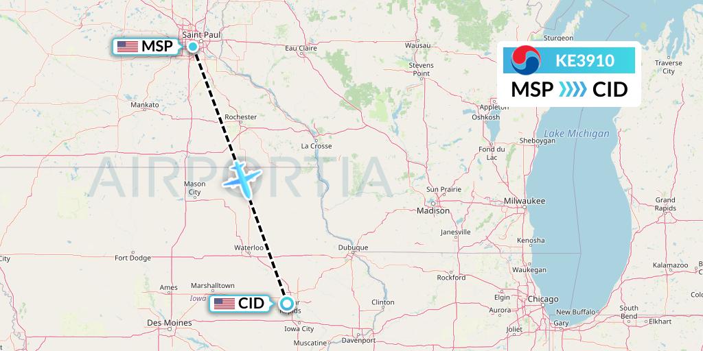 KE3910 Korean Air Flight Map: Minneapolis to Cedar Rapids