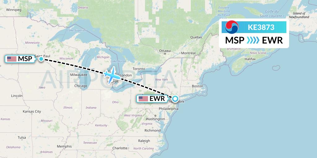 KE3873 Korean Air Flight Map: Minneapolis to New York