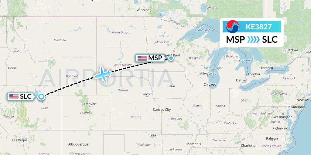 KE3827 Korean Air Flight Map: Minneapolis to Salt Lake City