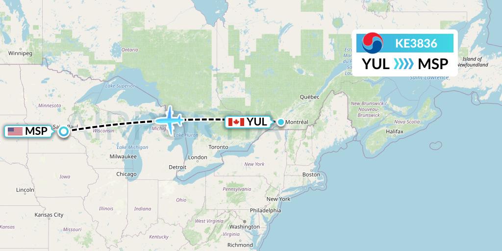 KE3836 Korean Air Flight Map: Montreal to Minneapolis