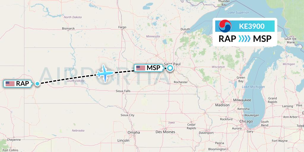 KE3900 Korean Air Flight Map: Rapid City to Minneapolis