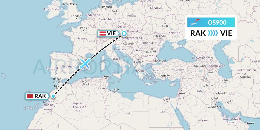 OS900 Austrian Airlines Flight Map: Marrakesh to Vienna