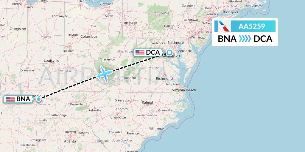 AA5259 American Airlines Flight Map: Nashville to Washington