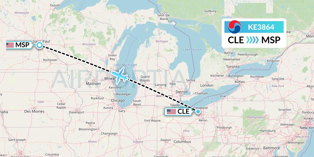 KE3864 Korean Air Flight Map: Cleveland to Minneapolis