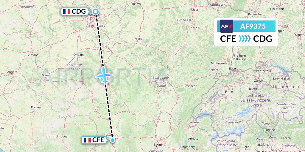 AF9375 Air France Flight Map: Clermont-Ferrand to Paris