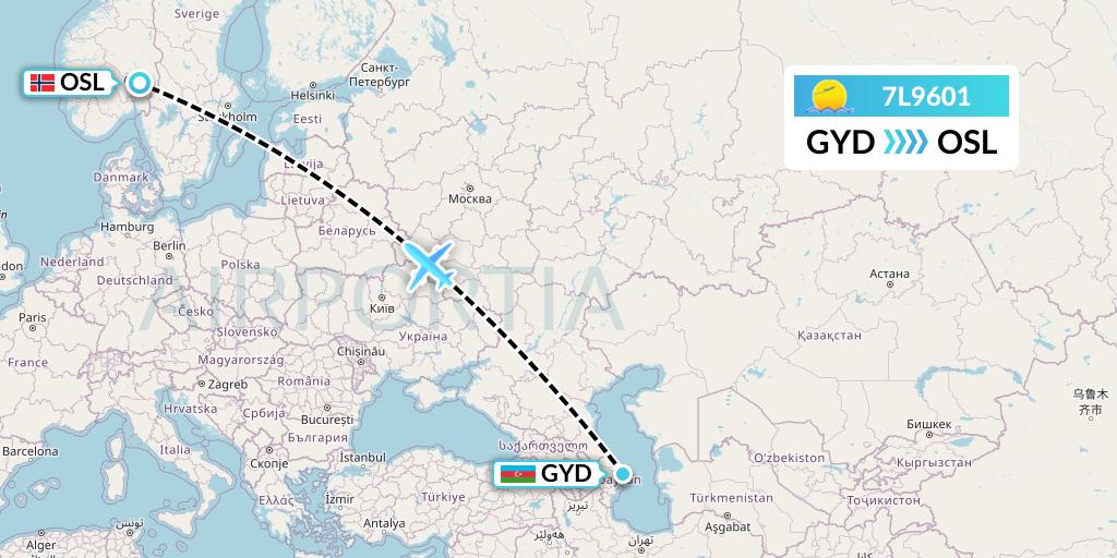 7L9601 Silk Way West Airlines Flight Map: Baku to Oslo
