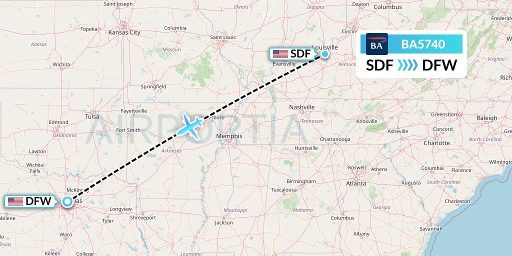 BA5740 British Airways Flight Map: Louisville to Dallas