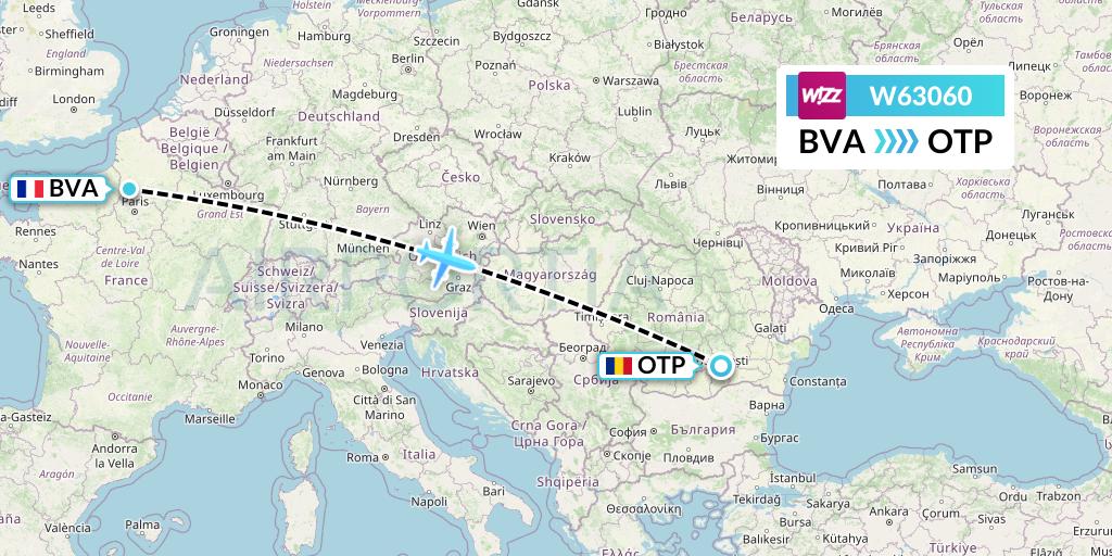 W63060 Wizz Air Flight Map: Paris to Bucharest