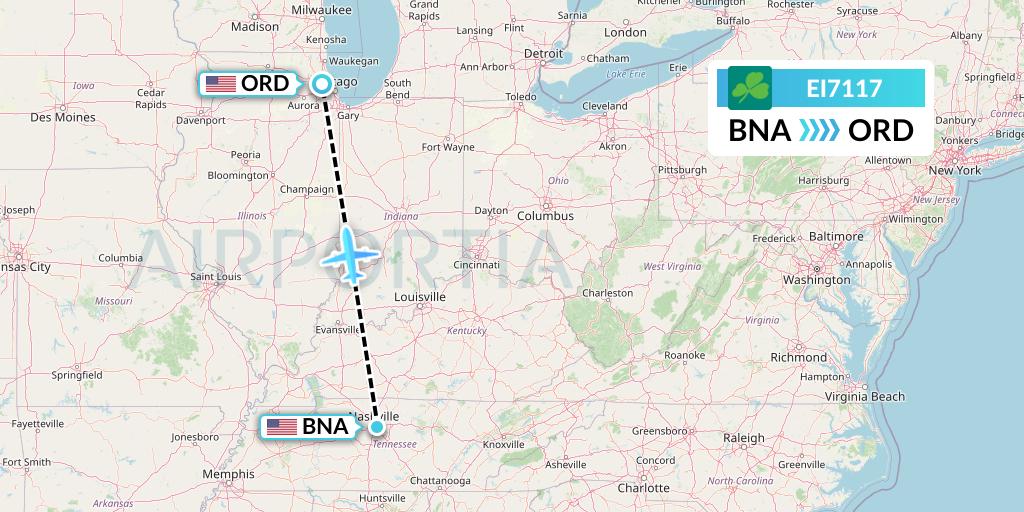 EI7117 Aer Lingus Flight Map: Nashville to Chicago