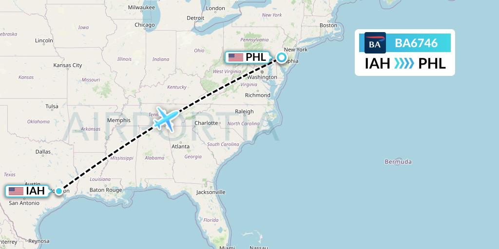 BA6746 British Airways Flight Map: Houston to Philadelphia