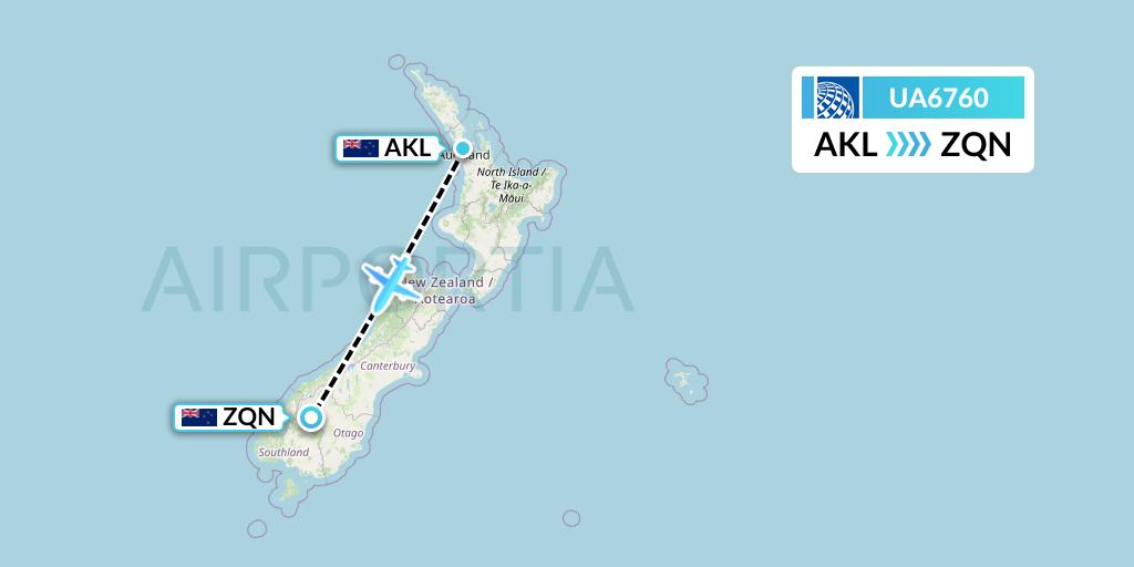 UA6760 United Airlines Flight Map: Auckland to Queenstown