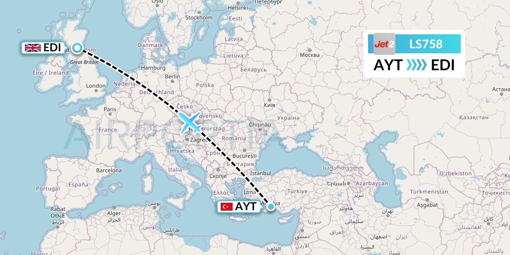 LS758 Jet2 Flight Map: Antalya to Edinburgh