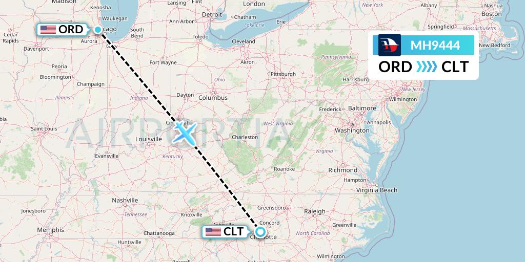 MH9444 Malaysia Airlines Flight Map: Chicago to Charlotte