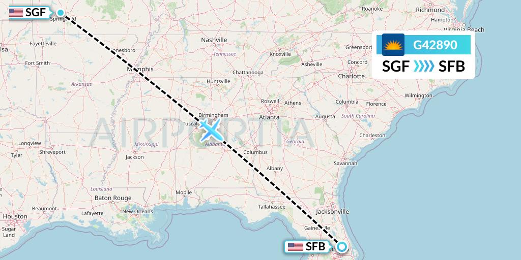 G42890 Allegiant Air Flight Map: Springfield to Orlando