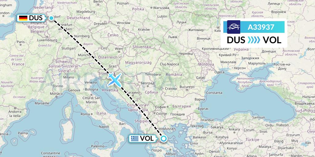 A33937 Aegean Airlines Flight Map: Dusseldorf to Volos
