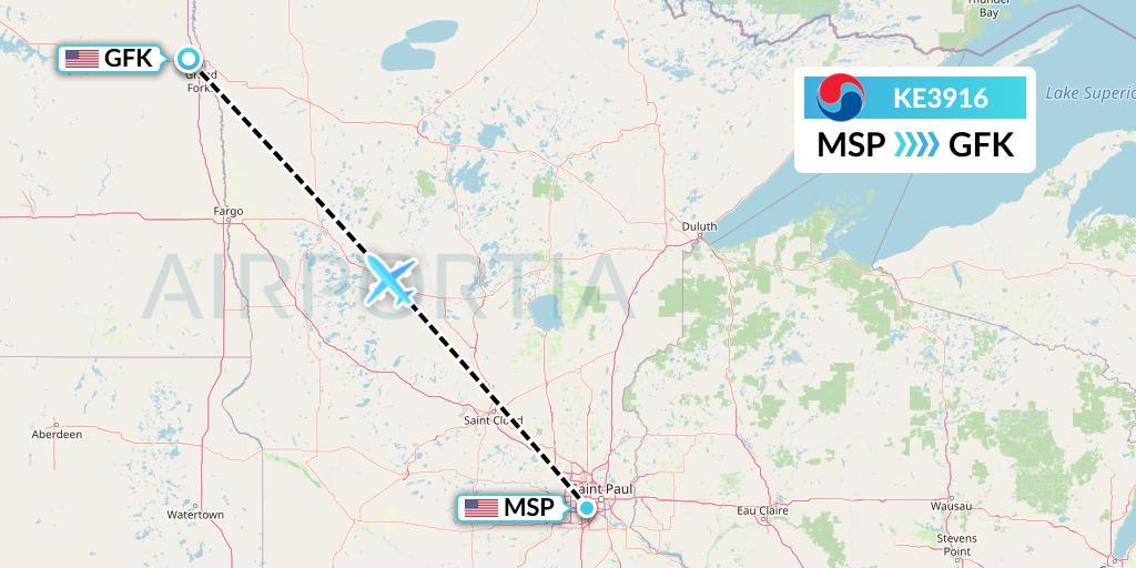 KE3916 Korean Air Flight Map: Minneapolis to Grand Forks