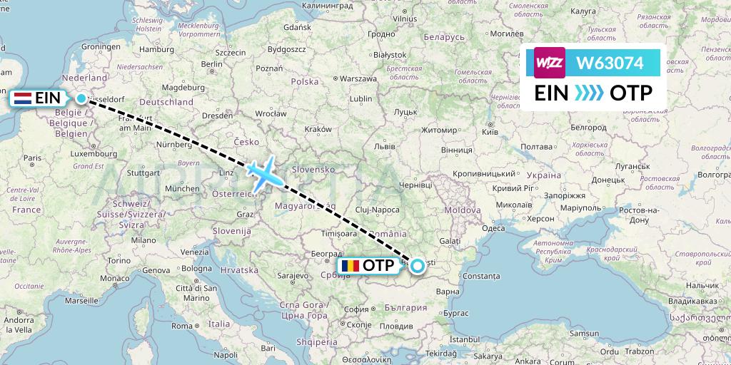 W63074 Wizz Air Flight Map: Eindhoven to Bucharest