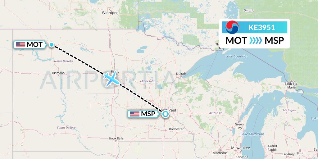 KE3951 Korean Air Flight Map: Minot to Minneapolis