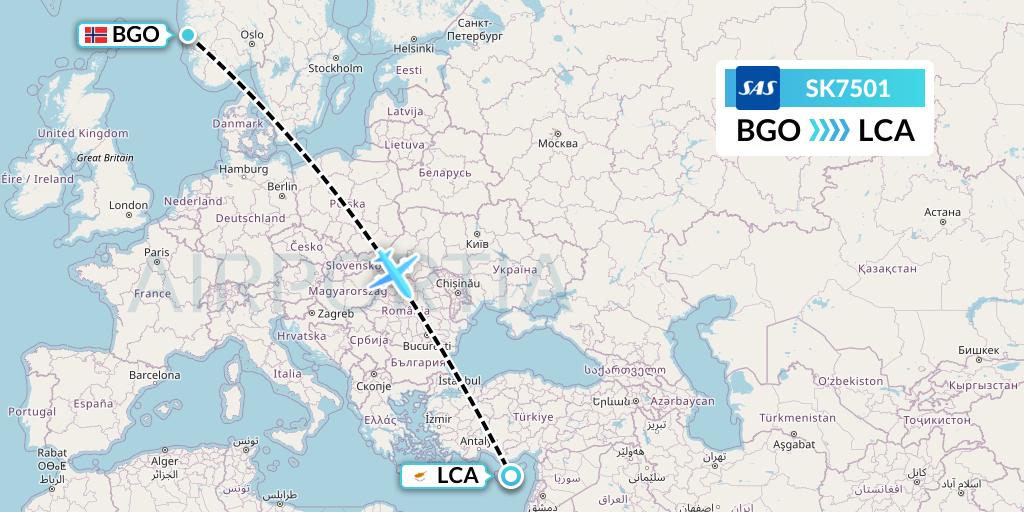 SK7501 SAS Flight Map: Bergen to Larnaca