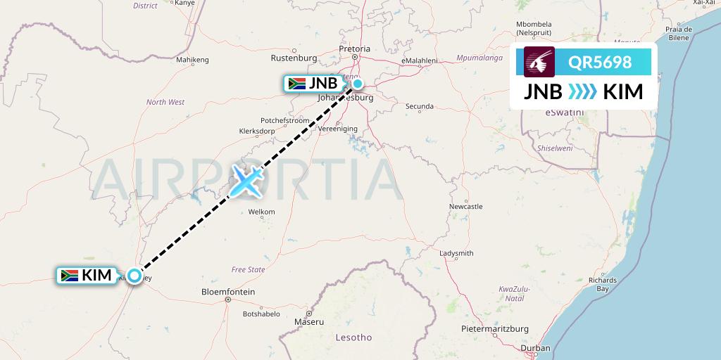 QR5698 Qatar Airways Flight Map: Johannesburg to Kimberley