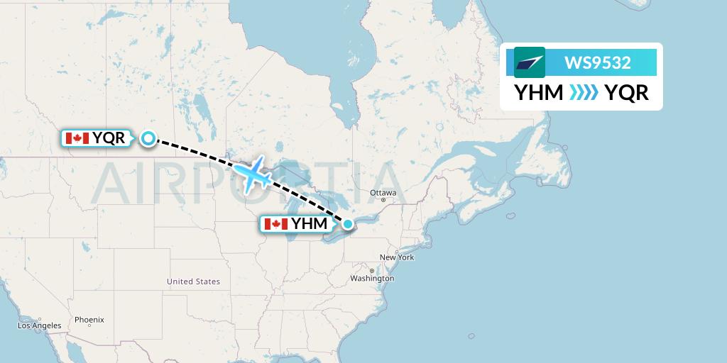 WS9532 WestJet Flight Map: Hamilton to Regina