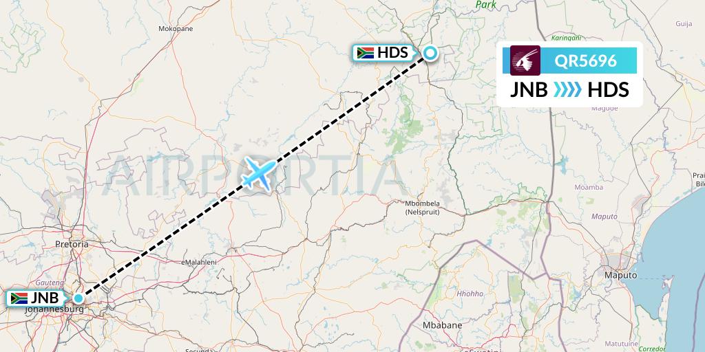 QR5696 Qatar Airways Flight Map: Johannesburg to Hoedspruit