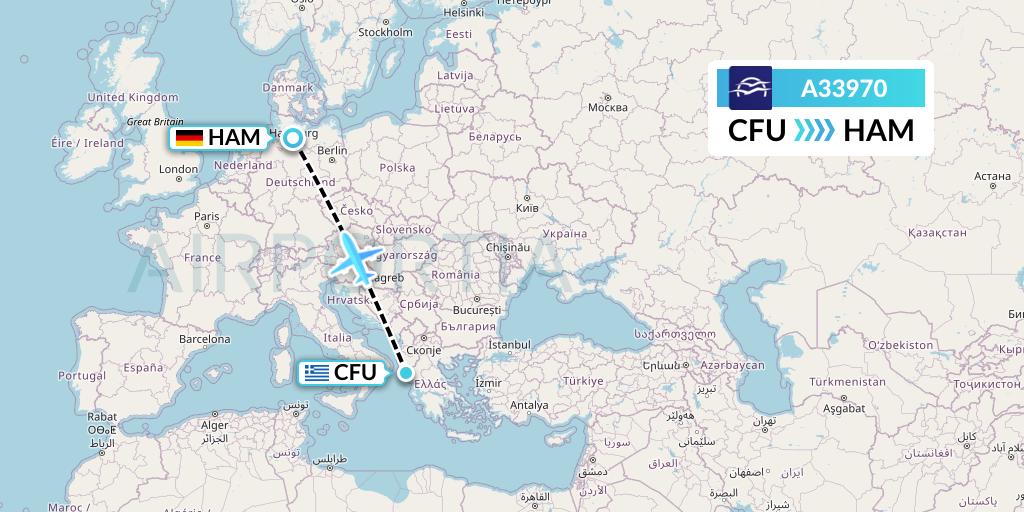 A33970 Aegean Airlines Flight Map: Corfu to Hamburg
