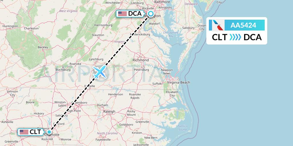 AA5424 American Airlines Flight Map: Charlotte to Washington