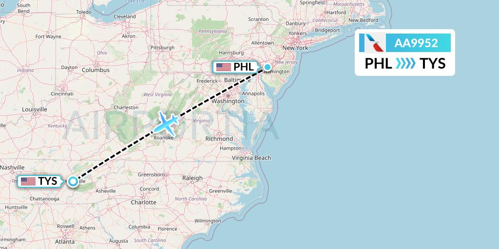 AA9952 American Airlines Flight Map: Philadelphia to Knoxville
