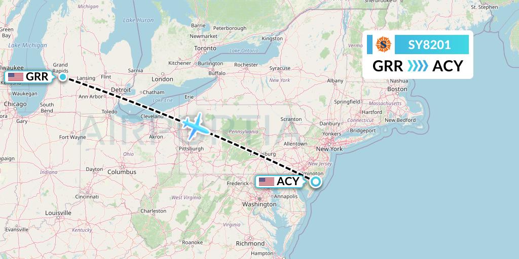 SY8201 Sun Country Airlines Flight Map: Grand Rapids to Atlantic City