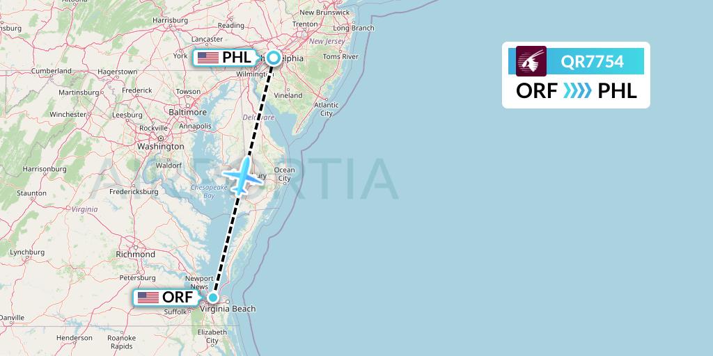 QR7754 Qatar Airways Flight Map: Norfolk to Philadelphia