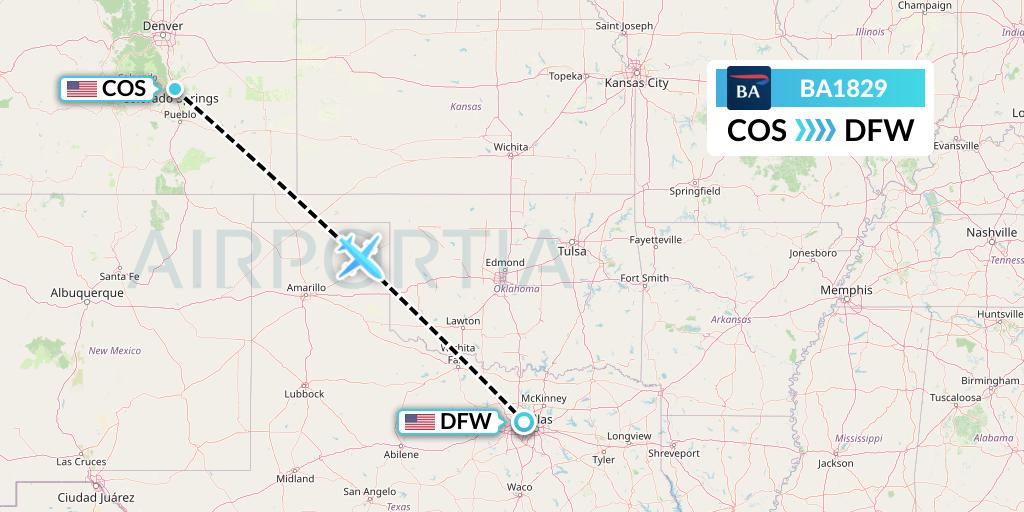 BA1829 British Airways Flight Map: Colorado Springs to Dallas
