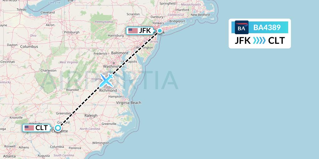 BA4389 British Airways Flight Map: New York to Charlotte