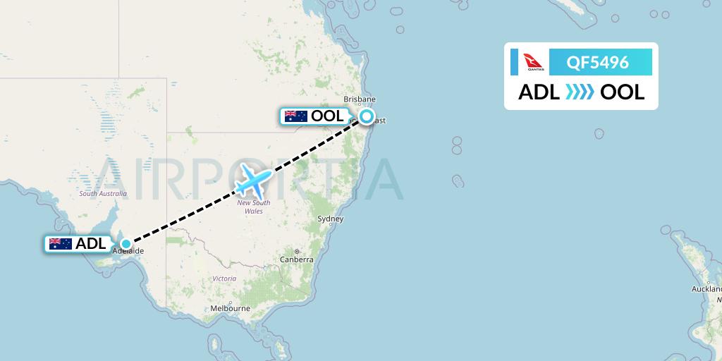QF5496 Qantas Flight Map: Adelaide to Gold Coast
