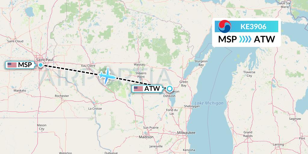 KE3906 Korean Air Flight Map: Minneapolis to Appleton