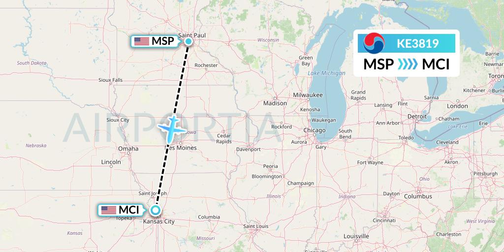 KE3819 Korean Air Flight Map: Minneapolis to Kansas City