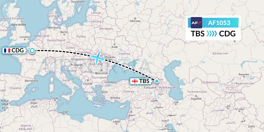AF1053 Air France Flight Map: Tbilisi to Paris