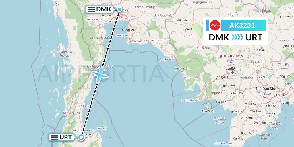 AK3231 AirAsia Flight Map: Bangkok to Surat Thani