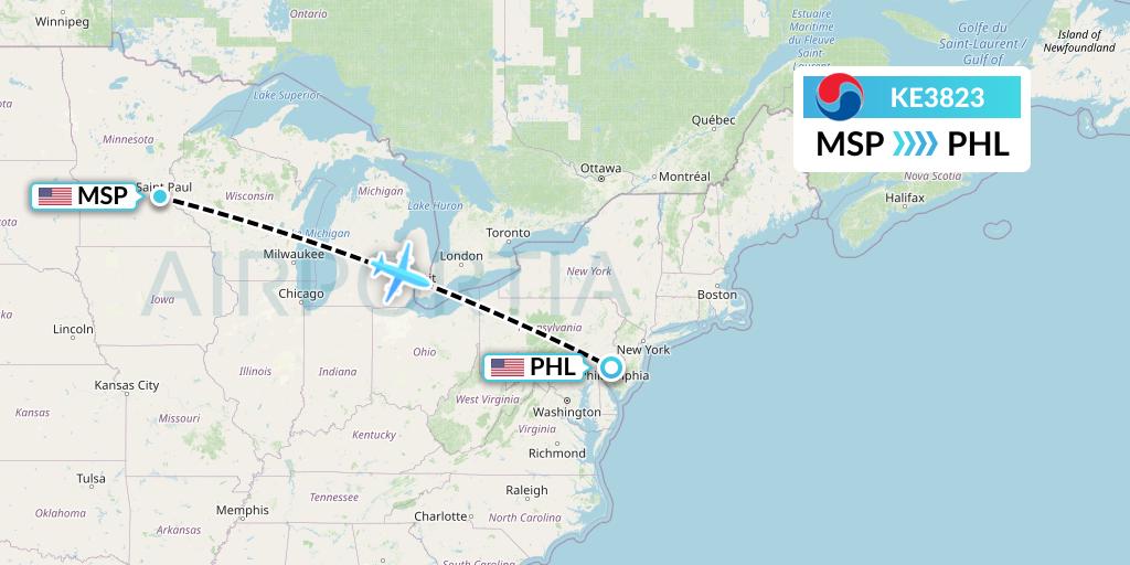 KE3823 Korean Air Flight Map: Minneapolis to Philadelphia