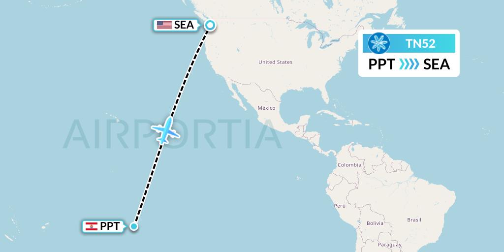TN52 Air Tahiti Nui Flight Map: Papeete to Seattle