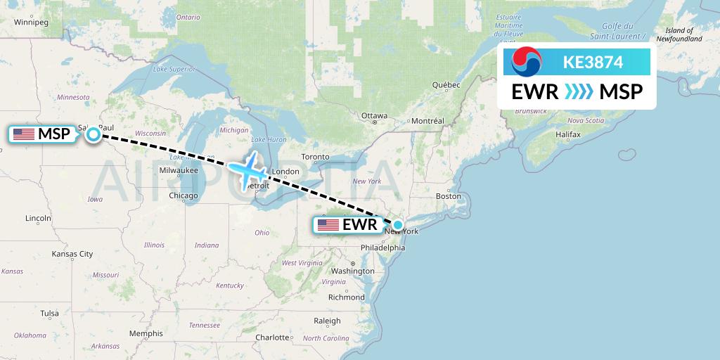 KE3874 Korean Air Flight Map: New York to Minneapolis