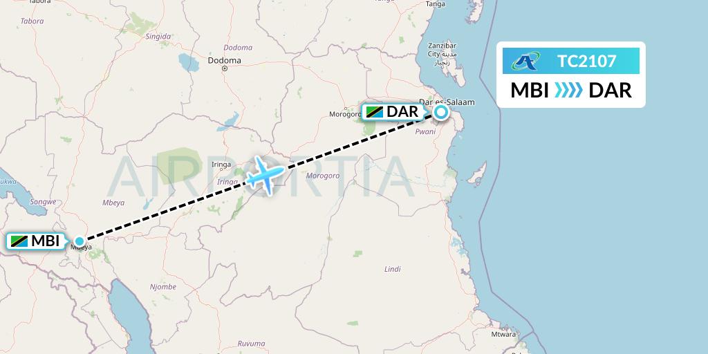 TC2107 Air Tanzania Flight Map: Mbeya to Dar-es-Salaam
